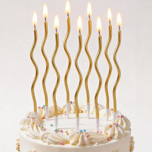 12 Pcs Spiral Twisted Birthday Candles – Gold Metallic Long Thin Cake Candles with Holders for Birthday Party Decorations Wedding Anniversary Sparkler Candle Cake Topper(Gold)