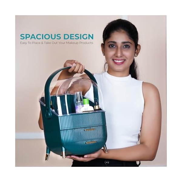 Makeup Cosmetic Organizer Box with Drawer Storage - Plastic Oval Storage Organizer with Turn Lock, Large Capacity for Women’s Skincare and Beauty Products (Green) - Image 3