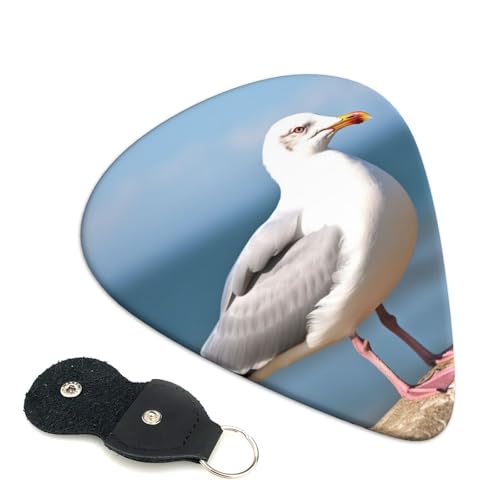 Cute seagull Guitar Picks 6 Pack with Leather Guitar Pick Holder Keychain, Plectrum Key Fob Cases Bag, Abstract Art Plectrum for Acoustic Electric Guitar, Ukulele 0.46mm