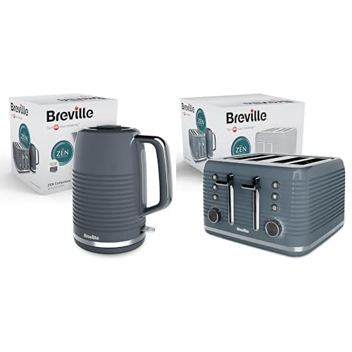 BrevilleZen Grey Electric Kettle and Zen 4-Slice Grey Toaster | Grey & Silver Chrome [VKT250 + VTR027]