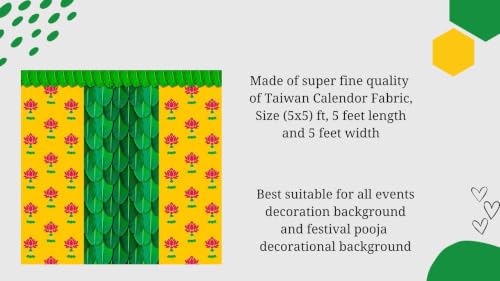 Image of Banana Leaf Backdrop | Traditional Pooja Cloth Featuring Yellow Side Borders, Pink Lotuses, and Green Leaves Design Decoration Backdrop | varalakshmi puja Decoration Cloths 5x5 Feet