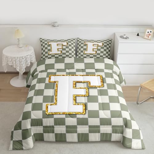 Image of Erosebridal Sage Green Checkered Kids Comforter Sets Plaid Initial F King Bedding Set for Adults Personalized Monogram Comforter Set,Fashion Grids Gingham Quilt Duvet 3 Pcs