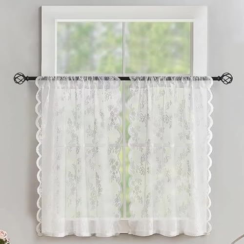 Image of piercing Curtains for Kitchen, Lace Curtains, Kitchen Window Curtains, Sheer Curtains, Kitchen Curtains 29 inchx39 inch Lace Tier 1-Panel Rod Pocket Floral Scalloped Cafe Light Filter White