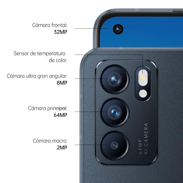 OPPO Reno 6 5G Black - Pantalla 6.43" AMOLED FHD 90Hz, 8GB RAM 128GB Almacenamiento, Mediatek Dimensity 900, Triple cámara 64MP 8MP 2MP, 4300mAh con Carga rápida 65W