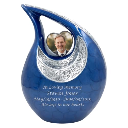 Blue Teardrop Cremation Urn for Human Ashes with Personalized Photo Heart