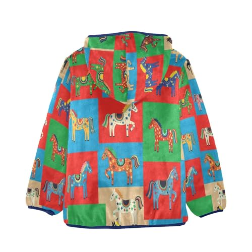 Colorful Horses on Squares Toddler Fleece Jacket Girl Boys Hooded Fleece Jacket Coat Warm Outwear Zip-up 3-10T2