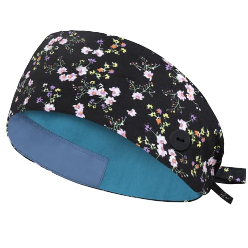 Image of Adjustable Scrub Cap with Button, Satin-Lined Cotton Scrub Hat Sweatband, Elastic Working Hat Unisex, One Size