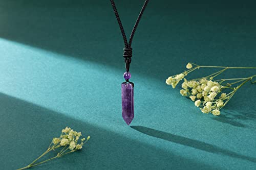 Jovivi 2Pcs Crystal Necklaces For Men Women Handmade Adjustable Rope Natural Amethyst Black Obsidian Hexagonal Point Healing Crystal Stone Pendant Necklaces Quartz Gemstone Jewelry Protection #TOP3