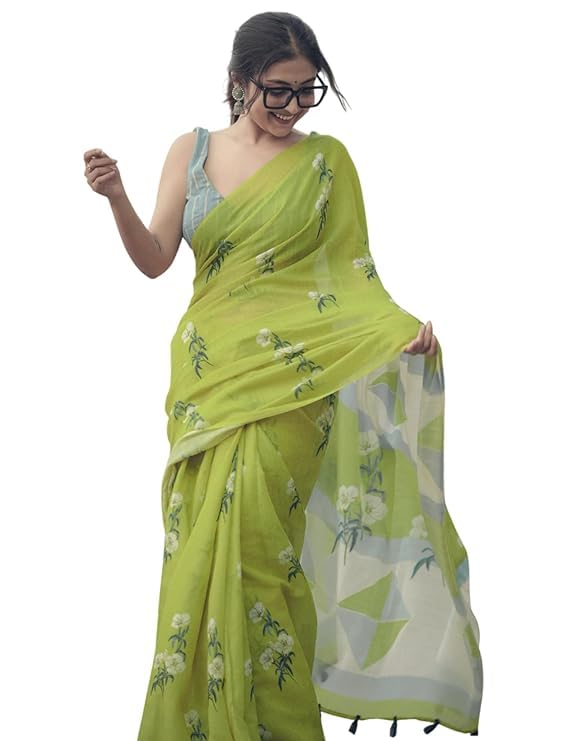 Image of RAJESHWAR FASHION WITH RF Women's Lime Green Floral Print Linen Cotton Saree with Contrast Pallu, Tassel Border, Traditional Summer Festive with Blouse Piece