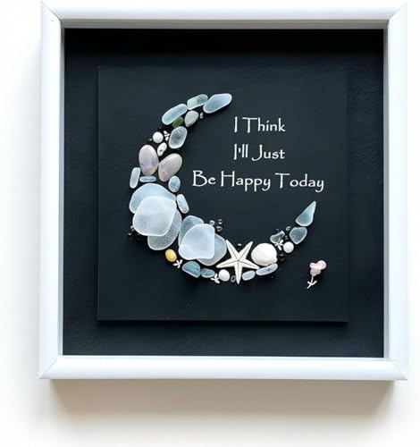 Sea Glass Moon Framed Wall Art with Inspirational Quote, Handmade Crescent Moon Decor, Keepsake Gift for Mom