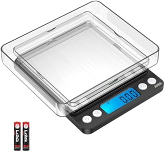 AMIR Digital Kitchen Scale, 500g/0.01g Mini Pocket Jewelry Scale, Cooking Food Scale with Backlit LCD Display, 2 Trays, 6 Units, Auto Off, Tare, PCS Function, Stainless Steel, Battery Included, Black