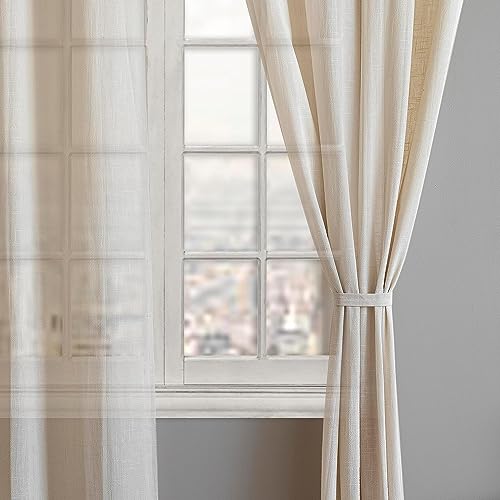 Image of LINENWALAS Cotton Linen Solid Sheer Curtain Set with Grommet Curtains Rings Non Blackout Door Curtain - Set of 2 -Natural Linen - 4.5Ft X7Ft.