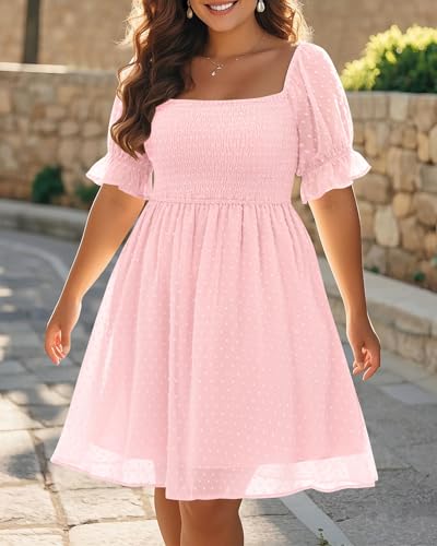 Women's Puff Sleeve Square Neck Mini Summer Sundress Chiffon Swiss Dot Flowy Smocked Dress4