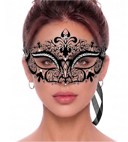 Masquerade Mask for Women, Crown Mask with Laser Cut Metal Venetian Design, Perfect for Prom, Homecoming, Halloween, Mardi Gras, Costume & Masquerade Ball Parties (Black/Clear Stones)