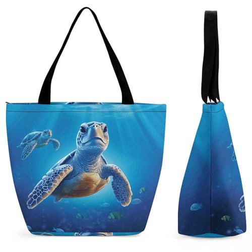 Women Tote Bags with Handles Turtle in Blue Water Shoulder Bag with Zipper Handbags Shopping Bags Travel Bag Beach Bag Reusable Grocery Bag for Swim Holiday Gift