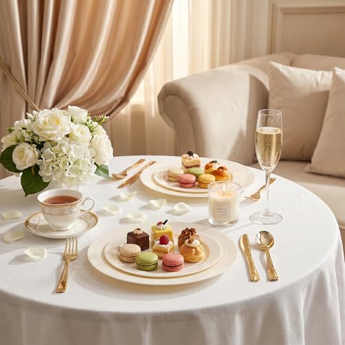 Image of I00000 200 Pcs Ivory Plastic Plates, Disposable Party Plates Include 100 Ivory Dinner Plate 10'' and 100 Plastic Dessert Plate 7'' Perfect for Birthday, Party & Wedding