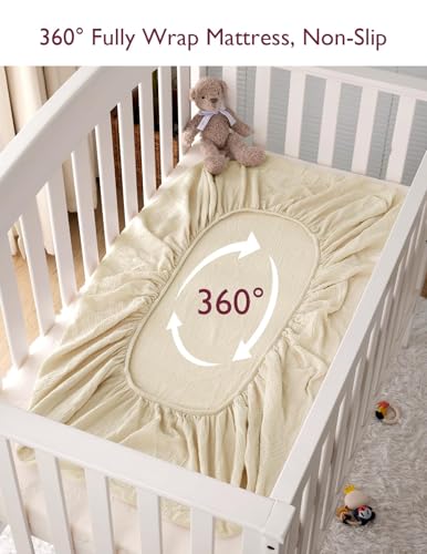 Image of Momcozy Muslin Standard Fitted Crib Sheets, 52 inchx28 inch, 2 Pack Soft Breathable Natural Cotton Baby Mattress Sheet, 360 Mattress Wrapping No Slip Boys Girls Neutral Toddler Bed Sheet, Beige Blush