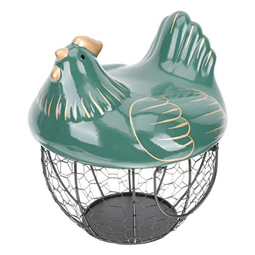 MALUGOGO Cesta de almacenamiento portátil de huevos de cerámica y hierro con tapa, organizador de cocina para el hogar, restaurante y boda, soporte decorativo para alimentos con línea dorada verde y