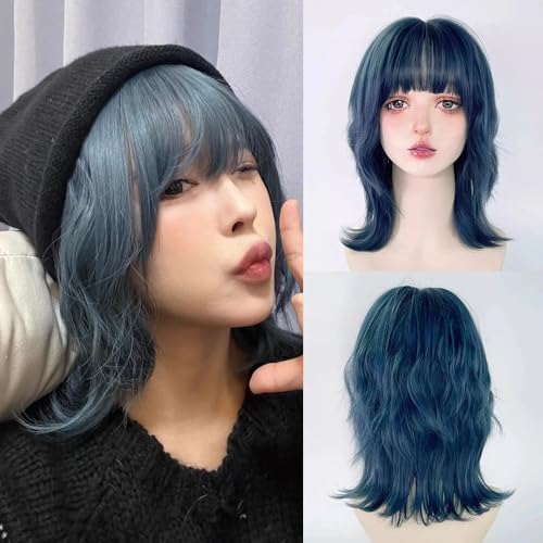 Peluca azul corta Bob ondulada con flequillo de aire para mujer 2