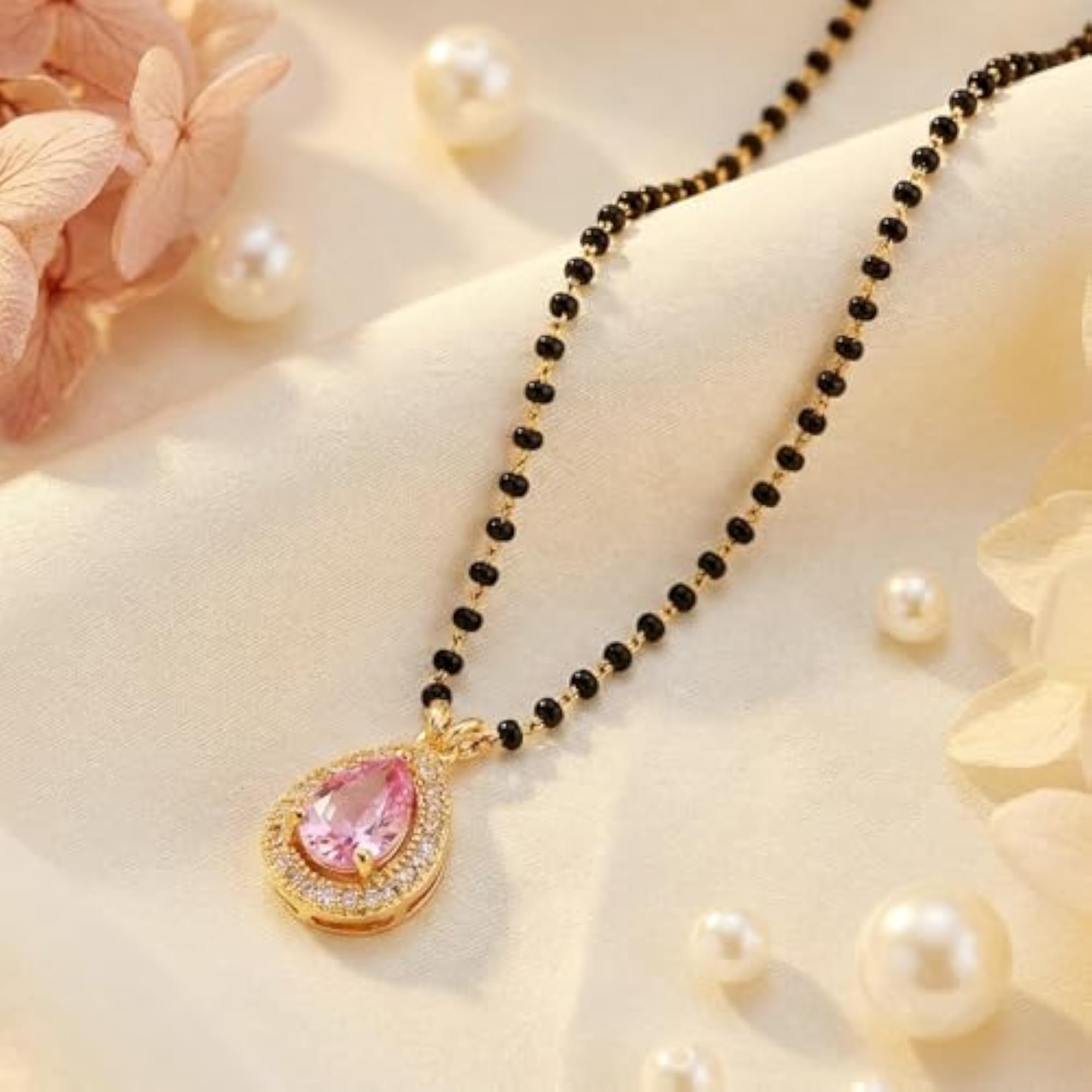Gold-Toned Pink Stone American Diamond Black Beads Mangalsutra for Women
