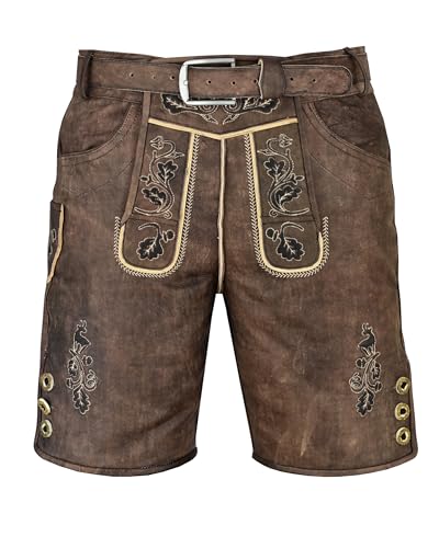 Wildbock Trachten Lederhose inklusive Trachtengürtel Herren kurz Dunkelbraun Antik speckig Größe 44 46 48 50 52 54 56 58 60 wählbar (DE/NL/SE/PL Numerisch 48 Regular Kurz)