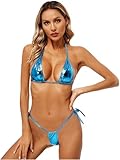 CHICTRY Bikini Maillot de Bain 2 Pièces Femme Bra & Slip String Micro Ficelle Bikinis de Bain Plage Vacances Métallisé Brillant Sexy Lingerie Bikini A Bleu Ciel Taille Unique