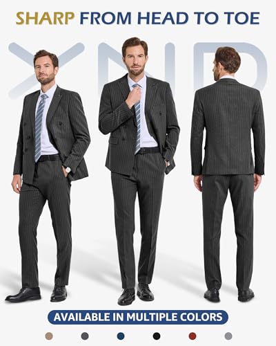 YND Men's 2 Piece Double-Breasted Suit, Slim Fit Stripe Tuxedo Set with Tie, Party Wedding Dress Blazer, Tux and Trousers2