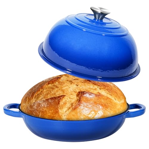 Blue enamelled cast iron Dutch oven with lid, positioned as a companion piece for a heat-rated mitt