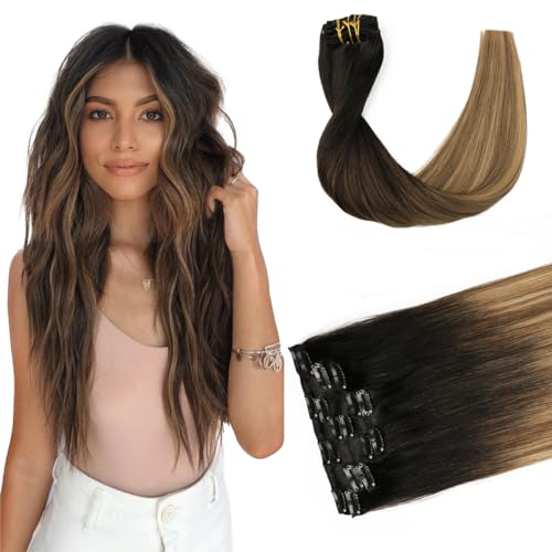 Sindra Clip in Hair Extensions Human Hair,14 Inch 100g 6pcs Ombre Natural Black to Dark Brown Mix Blonde Balayage Clip in Hair Extensions For Fashion Women #1B/4/27,14"
