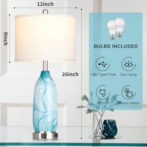 26" Coastal Table Lamps Set of 2, Modern Table Lamps with USB A+C Ports & AC Outlet, Touch Control Glass Bedside Nightstand Lamp with Night Light for Living Room Bedroom End Table Blue(Bulbs Included) - Image 4