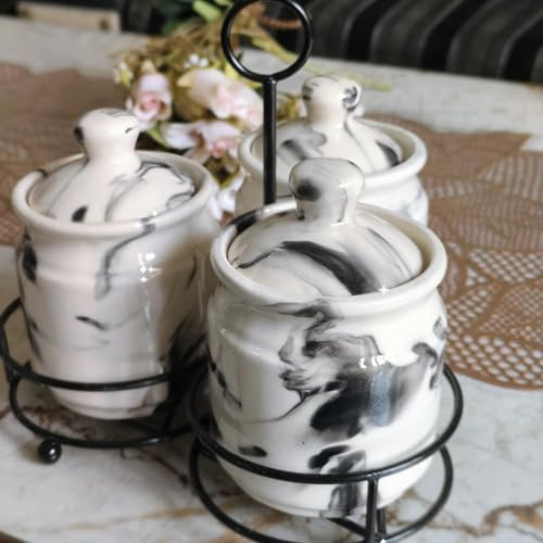 Image of Niyara Handcrafted Ceramic Pickle Jar Set, Premium Metal Tray, Spoons & Lids - Multipurpose Storage for Pickles, Chutneys, Spices & Condiments (Set of 3, 300ML /Each) (Marble design)