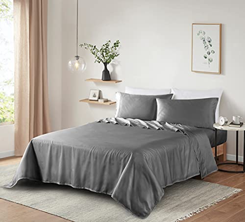 Image of 100% Supima Cotton Sheets 600 Thread Count,Full Size Bed Sheet Set 4 Pieces,Soft & Silky Sateen Weave, Fits Mattress Up to 18'',Deep Pocket, Breathable & Fade Resistant (Dark Grey, Full)