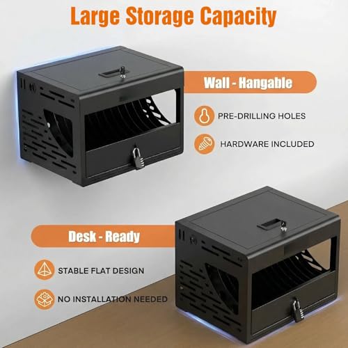Image of 16 Unit Laptop Charging Station, Locking Charging Cabinet with Interior Steel Dividers & Power Strip, Metal Charging Organizer with Dual Installation Options for Classroom & Office, Black