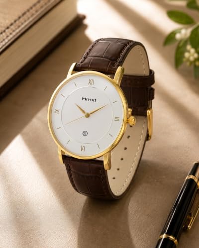 Image of HMXT-36 White & Brown Date Analog Watch with Stainless Steel Strap
