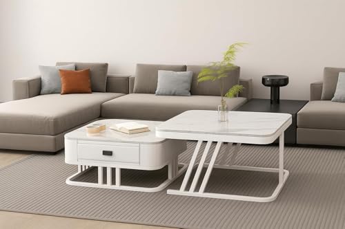 Image of Two Square Stacking Nesting Coffee Tables with Metal Frames, Wooden Tops, and Handcrafted Drawers Make up This Contemporary Centre Couch Table for Living Rooms bedrooms, & Apartments (Wht)