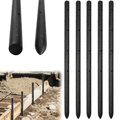 5PCS 17 Inch Round Steel Concrete Form Stakes with Holes Heavy Duty Rebar Stakes Concrete Pins for Concrete Forms Garden Fence Rust Resistant Removable Reusable 3/5 Diameter Pointed