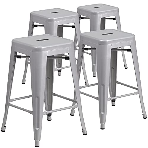 Flash Furniture 4 szt. 61 cm wysoki bez oparcia srebrny metal wewnątrz i na zewnątrz blat wysokość taboret z kwadratowym siedziskiem