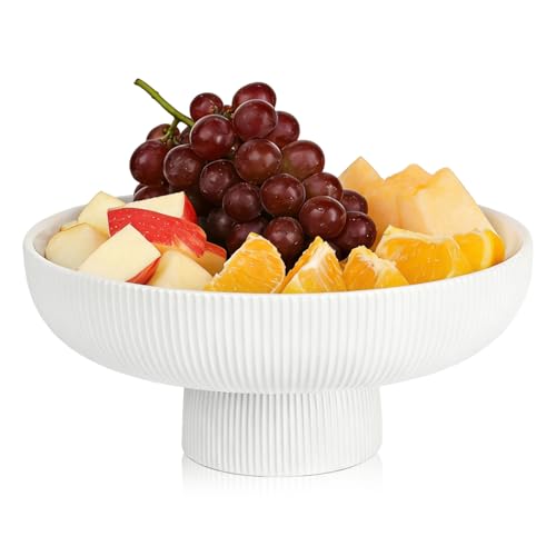 FAAYUCK Ceramic Fruit Bowl 10 White Fruit Bowl for Kitchen Counter with Drainage Hole Removable Pedestal Fruit Bowl with Non-Slip Pad Large Decorative Fruit Bowl for Fruit Vegetable Salad Snack