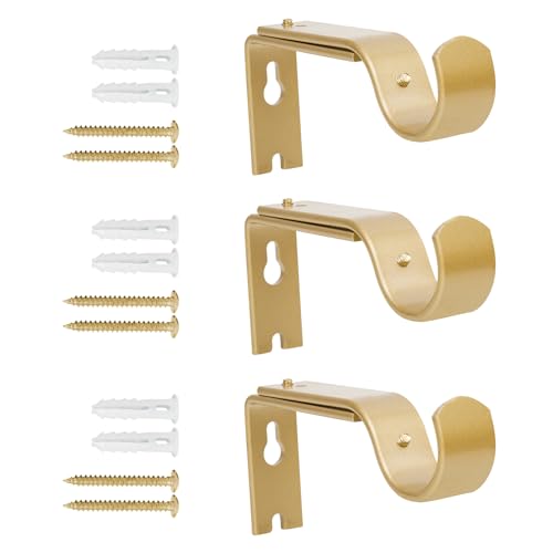 Heavy Duty Adjustable Curtain Rod Brackets, 3 Pack Premium Rod Brackets for Wall, Curtain Rod Hooks, Curtain Rod Hangers for 7/8 or 1 Inch Rod（Gold）
