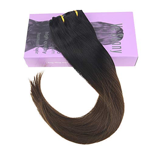 24inch Ombre Clip in Hair Extensions Real Human Hair Color #1B Natural Black Fading to #4 Dark Brown Double Weft Hair Extensions Clip on 7Pcs 120G/Set