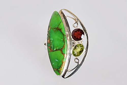 Bague en argent 925 fait main avec péridot vert et turquoise véritable bohème