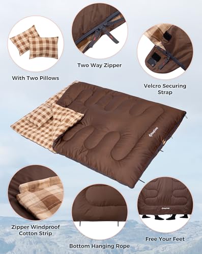Image of KingCamp Double Sleeping Bag for Adults, Queen Size 2 Person XXL Flannel Sleeping Bag, Waterproof Lightweight Flannel Quilt with 2 Pillows, Perfect for Couples Family Camping Hiking