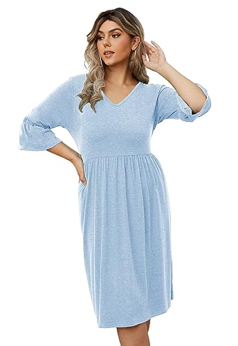 Image of Women's Plus Size 3 /4 Sleeve Casual Dress V Neck Spring Summer Tshirt Empire Waist Ruffle Midi Dresses