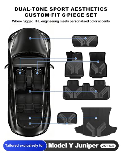 Image of Premium Color TPE Floor Mats 6-PCS for Tesla Model Y Juniper 2025 2026 | Titan Gray Wing Design | Car Mat Full Set Front & Rear | All-Weather Protection, Pet & Child-Friendly Accessories