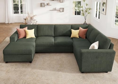 Image of HONBAY Corduroy Sectional Sofa with Storage, U Shape Sectional Sofa with Chaise, Sectional Couches for Living Room, Green