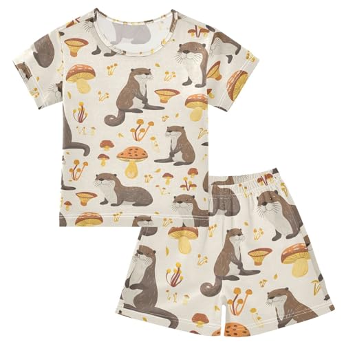 ALAZA Otter Mushroom Cartoon Pajamas Short Sleeve 2 Piece Sleepwear Top and Bottom Pajama Set Unisex