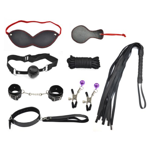 TOOGOO(R) Vest Black Bondage kit Leather Restraint Bedroom Fun 8pcs Adult Set