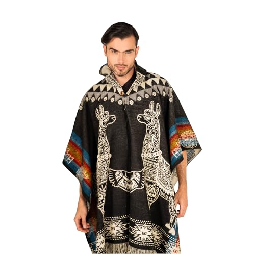 ALPAKITAS Premium Alpaca Wool Poncho for men and women – Western Hooded Cape for Men & Women – Soft & Warm Mexican ponchos, Llama Design, One size
