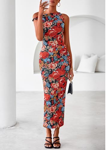 Lazysmile Summer Floral Maxi Dresses for Women One Shoulder Bodycon Mesh Elegant Formal Cocktail Wedding Guest Party Dress Red — view 6