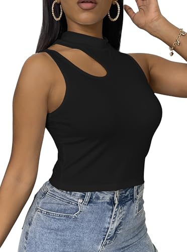 LovelyWholesale Crop Tops for Women Sexy Cut Out Tops Mock Neck Tank Top4